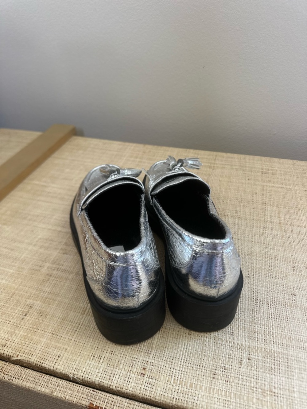 Metallic Silver Women's Loafers with Bow Detail - Picture 2 of 5